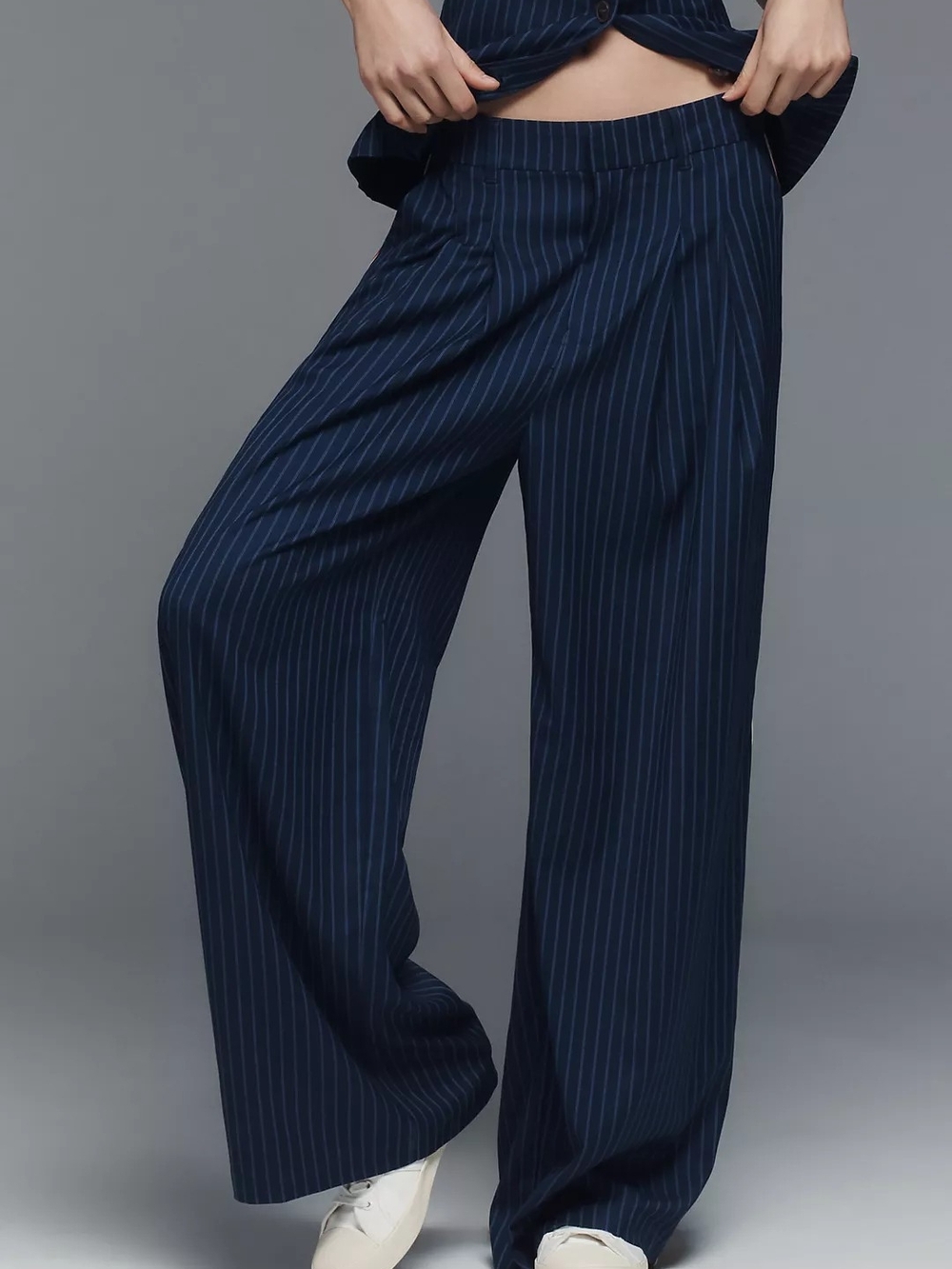 Maeve Navy Pinstripe Wide-Leg Pants with Orange Side Stripe - Picture 3 of 8